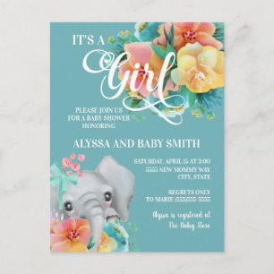 Süße Türkis Gelb Rosa Elefant Baby Shower Postkarte