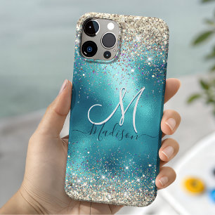 Süße türkisfarbene goldene falsche Glitter-Monogra iPhone 16 Pro Hülle