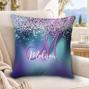 Süße türkisfarbene violette falsche Glitter-Monogr Kissen