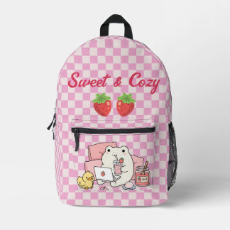 Süße und gemütliche niedliche Frosch-Erdbeer-Karo- Bedruckter Rucksack