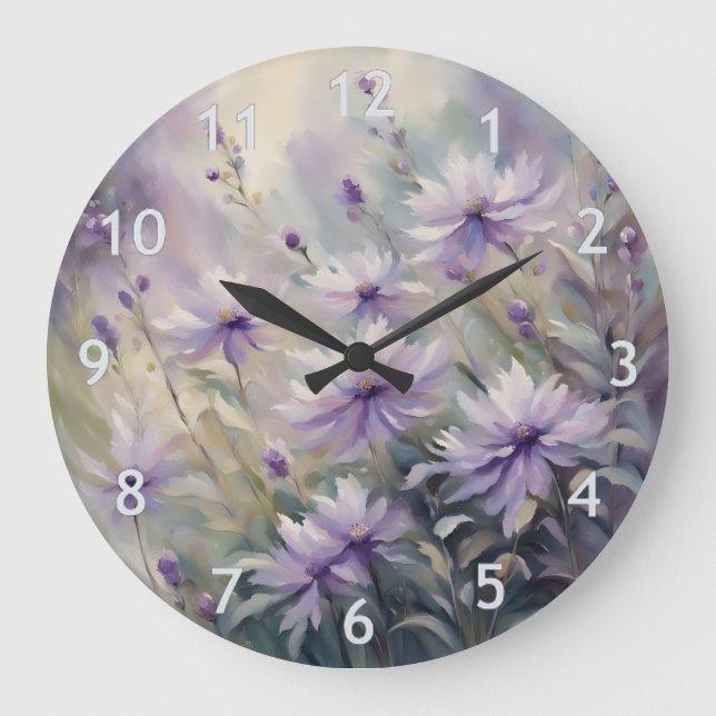 Süße und romantische violette Blumen Große Wanduhr (Vorderseite)