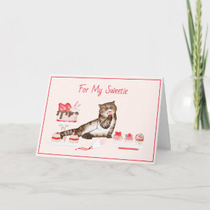 Süße Valentinskatze mit Gebäck und Torten Karte