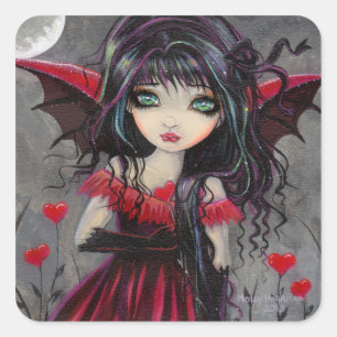 Süße Valentinstag-Gothic-Fee Vampir mit Herzen Quadratischer Aufkleber