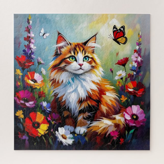 Süße verspielte Katze, Blumen und Schmetterlinge (Vertikal)