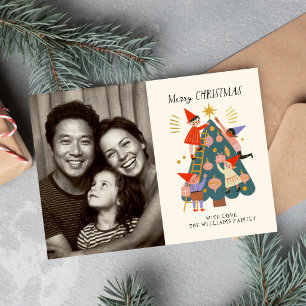 Süße, verspielte Weihnachtselfen und Baumfamilie Karte