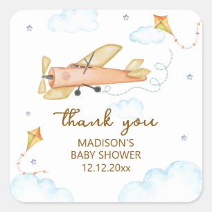 Süße Vintage-Aviator-Flugzeug-Baby-Party Quadratischer Aufkleber