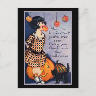 Süße Vintage-Halloween-Schwarze Katze Postkarte