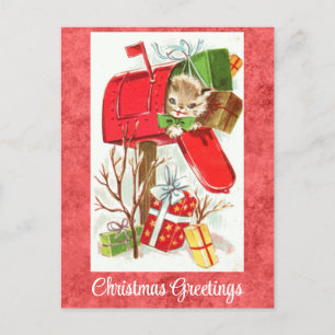 Süße Vintage-Kätzchen-Weihnachtsgrüße Postkarte