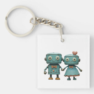 Süße Vintage-Roboter in Liebespaar-Kunst Schlüsselanhänger