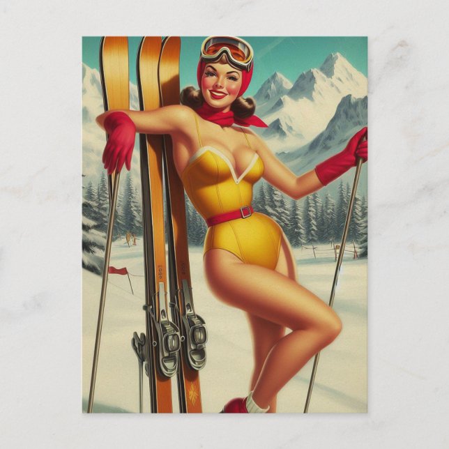 Süße Vintage-Ski-Pin-Up Postkarte (Vorderseite)