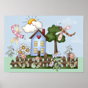 Süße Volkskunst Landhaus und Lattenzaun Kunst Poster