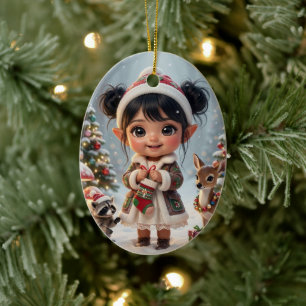 Süße Wald-Chibi Mädchen Personalisiertes Weihnacht Keramik Ornament