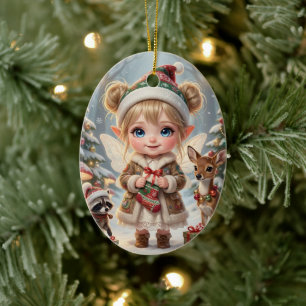 Süße Wald-Chibi Mädchen Personalisiertes Weihnacht Keramik Ornament