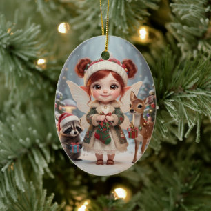 Süße Wald-Chibi Mädchen Personalisiertes Weihnacht Keramik Ornament
