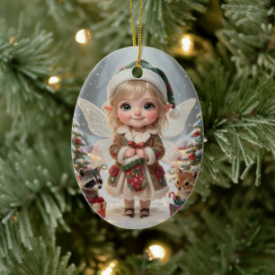 Süße Wald-Chibi Mädchen Personalisiertes Weihnacht Keramik Ornament