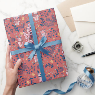 Süße Waldtiere auf rotem Korallen – Weihnachten Geschenkpapier