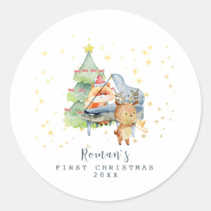 Süße Waldtiere Baby's erstes Weihnachtsfoto Runder Aufkleber