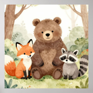 Süße Waldtiere Bär Fuchs Waschbär Aquarell Poster