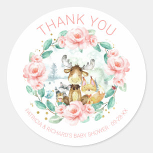 Süße Waldtiere Florale Grünpflanzen Babyparty Runder Aufkleber