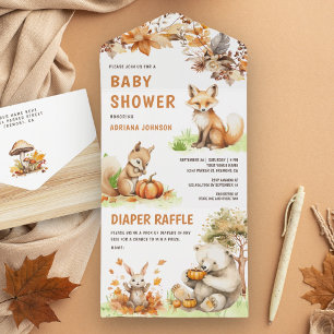 Süße Waldtiere Herbst Babyparty All In One Einladung