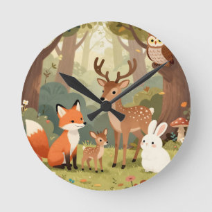 Süße Waldtiere-Nursery-Szene Runde Wanduhr