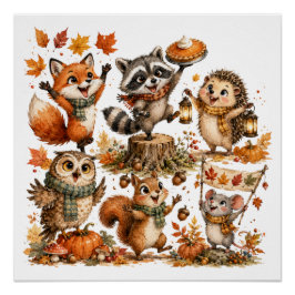 Süße Waldtiere spielen im Herbst Poster