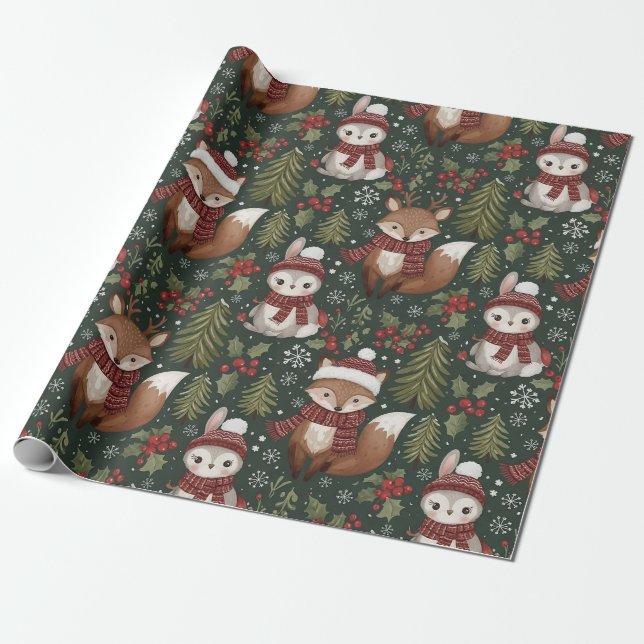 Süße Waldtiere Winter Muster Geschenkpapier (Ungerollt)