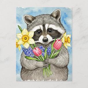 Süße Waschbär mit Frühlingsblumen Postkarte