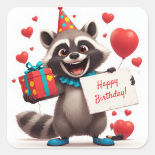 Süße Waschbär-Party mit Geschenkbox 🦝 Quadratischer Aufkleber