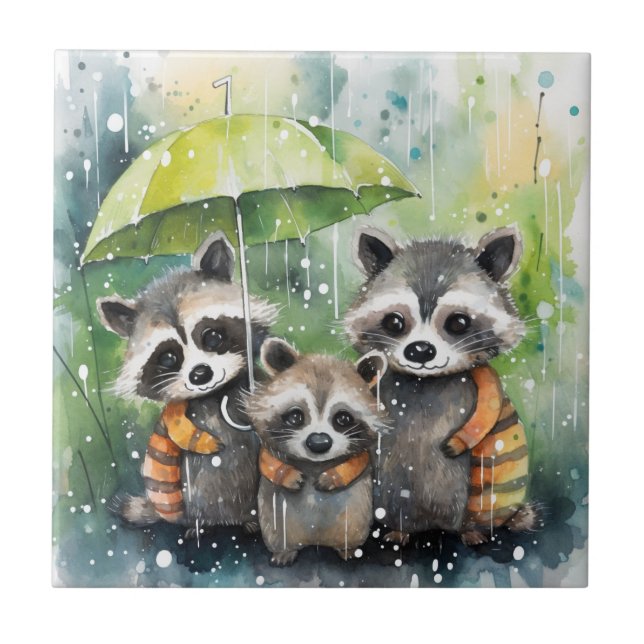 Süße Waschbären im Regen Fliese (Vorderseite)