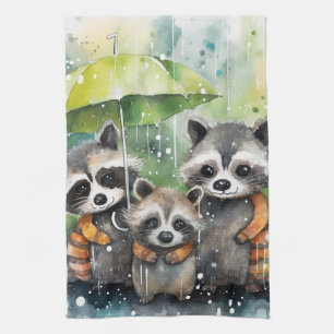Süße Waschbären im Regen Geschirrtuch