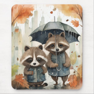 Süße Waschbären im Regen Mousepad