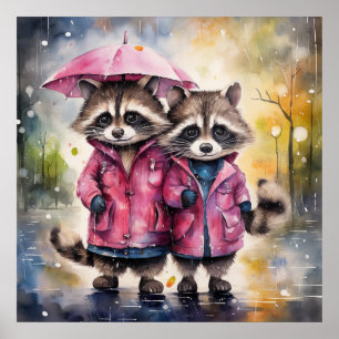 Süße Waschbären im Regen Poster