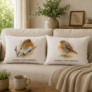 Süße Wasserfarb-Rotkehlchen-Vögel monogrammierte F Lendenkissen