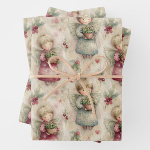Süße Wasserfarbe Engel Weihnachten Getopfte Blüten Geschenkpapier Set