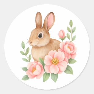 Süße Wasserfarbe-Hase und rosa Blumen Geburtstag  Runder Aufkleber