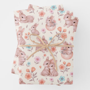 Süße Wasserfarbe-Hasen & Blumen Muster Geschenkpapier Set