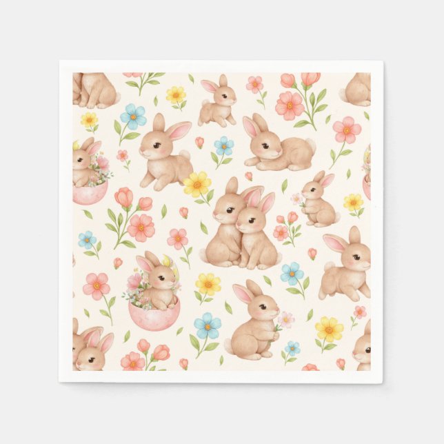 Süße Wasserfarbe-Hasen & Blumen-Muster Serviette (Vorderseite)