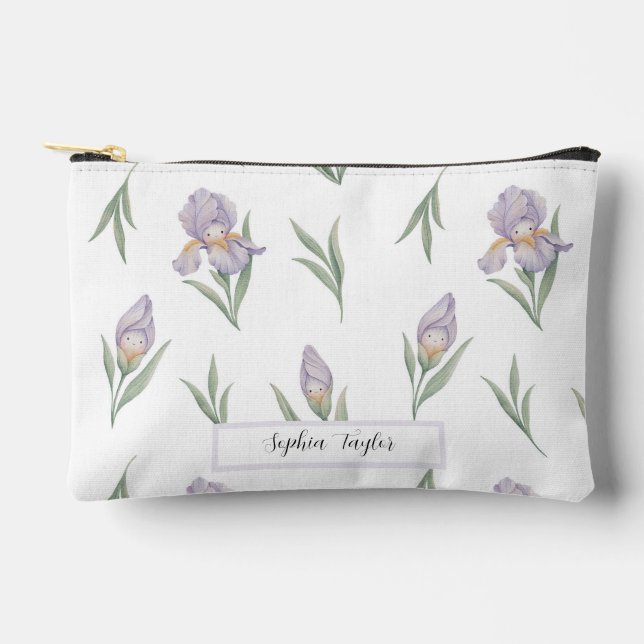 Süße Wasserfarbe Iris Blumen Custom Name Zubehörtasche (Vorderseite)