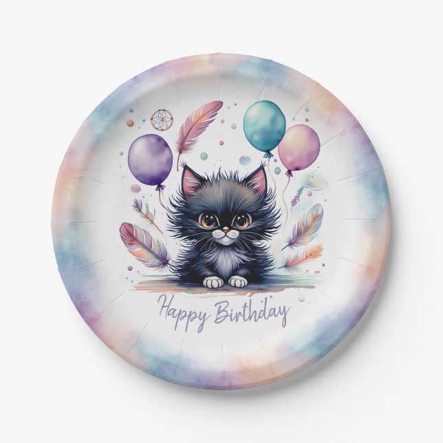 Süße Wasserfarbe Schwarze Kätzchen Ballons Geburts Pappteller (Vorderseite)