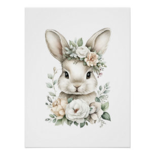 Süße Wasserfarben-Babytiere mit Blumen Poster