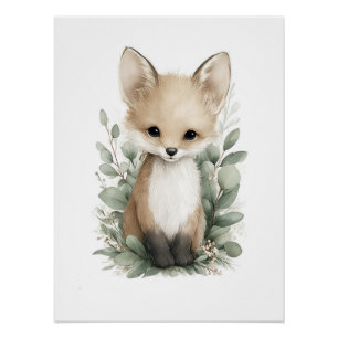 Süße Wasserfarben-Babytiere mit Blumen Poster