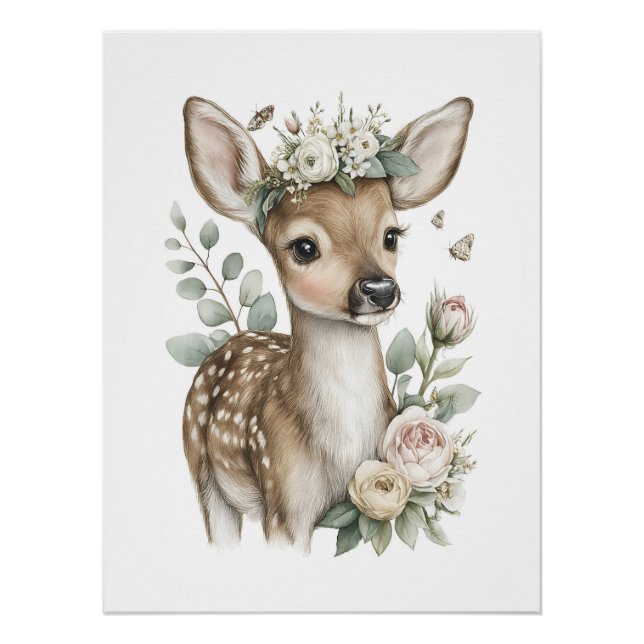Süße Wasserfarben-Babytiere mit Blumen Poster (Vorderseite)
