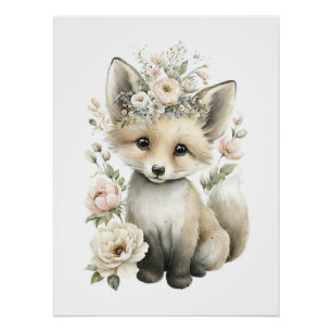 Süße Wasserfarben-Babytiere mit Blumen Poster