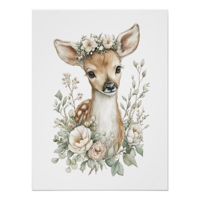 Süße Wasserfarben-Babytiere mit Blumen Poster (Vorderseite)