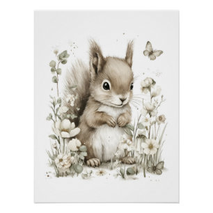 Süße Wasserfarben-Babytiere mit Blumen Poster