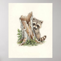 Süße Wasserfarben-Peeking-Waschbär-Waldkunst