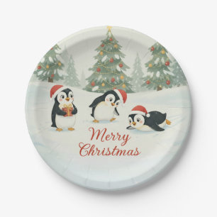 Süße Wasserfarben-Pinguine Weihnachtswald Pappteller