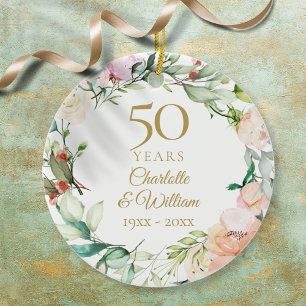Süße Wasserfarben-Rosen-Girlande zum 50. Hochzeits Keramik Ornament