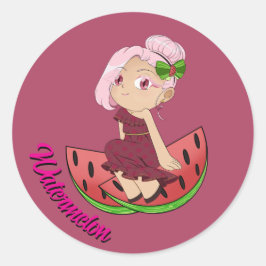 Süße Wassermelonen-Themen-Chibi mit geschnittenen Runder Aufkleber